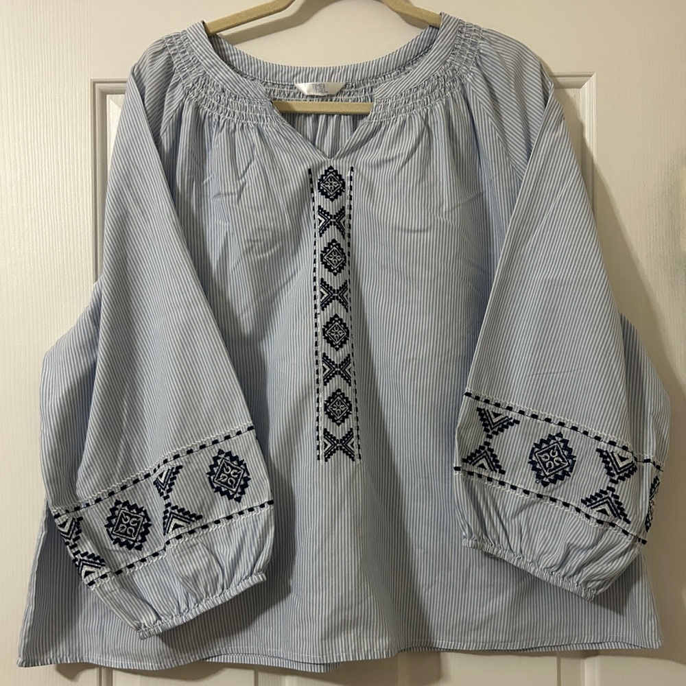 Time and Tru light blue & white striped peasant-style embroidered top. size XL.